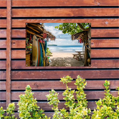 Tropisch Strand met Surfshop en Golven tuinposter