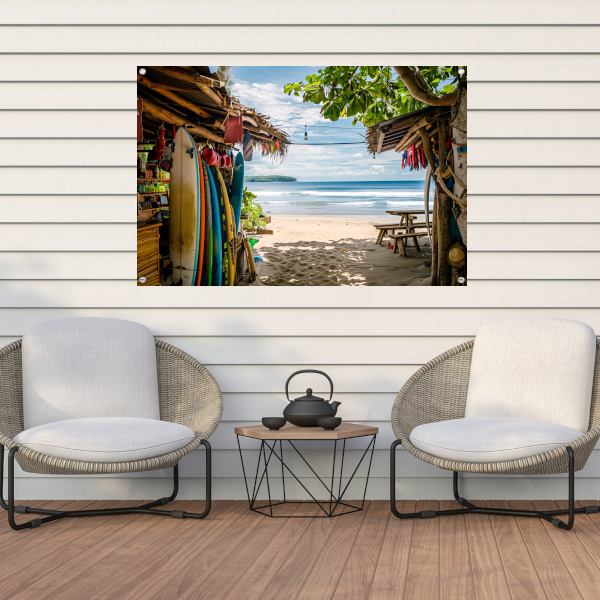 Tropisch Strand met Surfshop en Golven tuinposter
