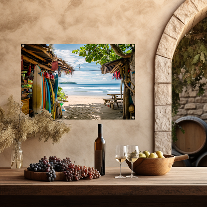 Tropisch Strand met Surfshop en Golven tuinposter