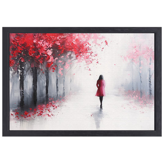 Vrouw wandelend in een herfstlandschap canvas met baklijst