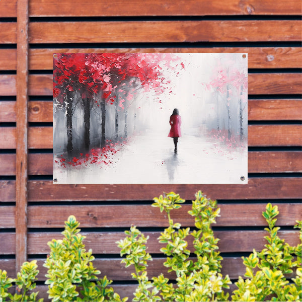 Vrouw wandelend in een herfstlandschap tuinposter