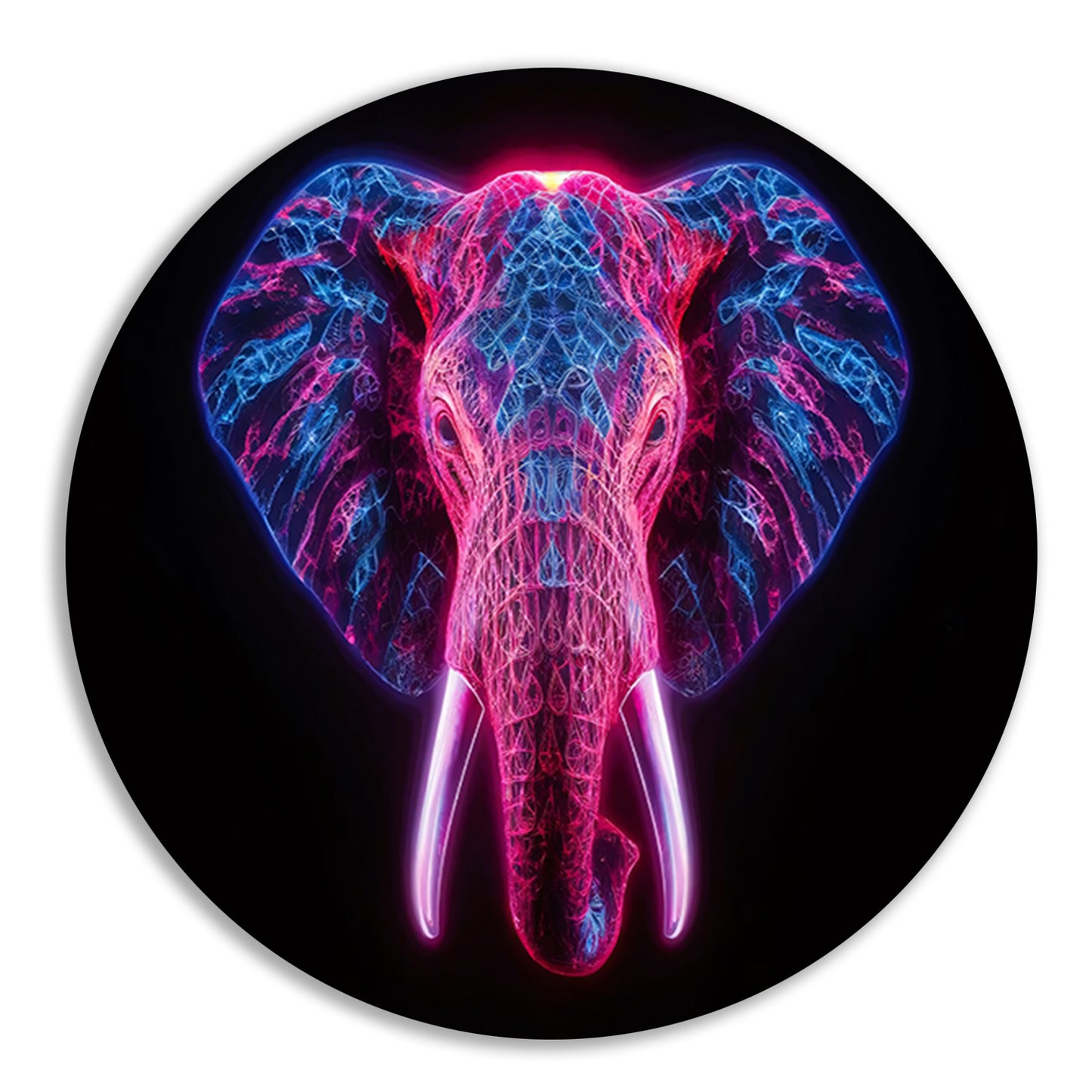 Neon olifant in futuristische abstracte kunst aluminium muurcirkel