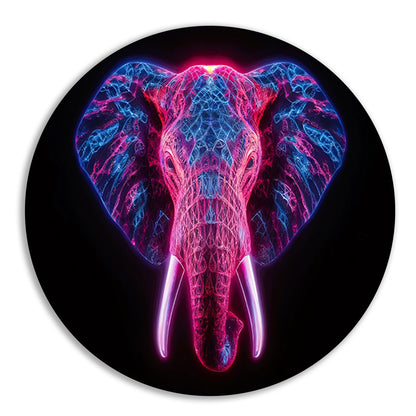 Neon olifant in futuristische abstracte kunst aluminium muurcirkel