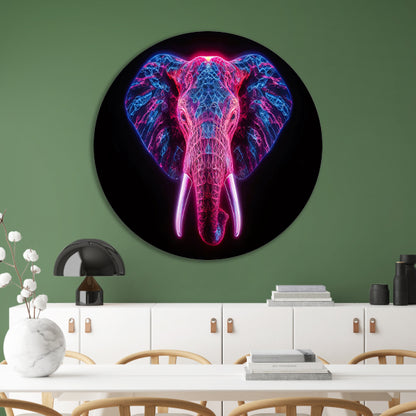 Neon olifant in futuristische abstracte kunst aluminium muurcirkel