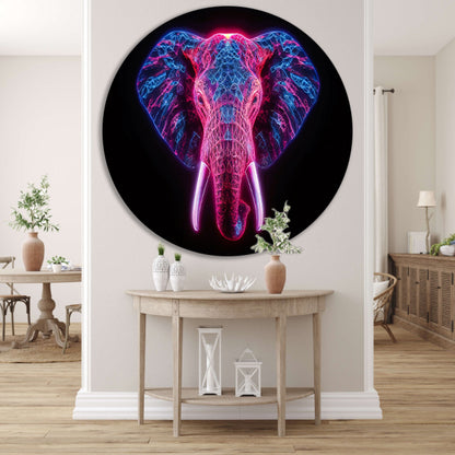 Neon olifant in futuristische abstracte kunst aluminium muurcirkel