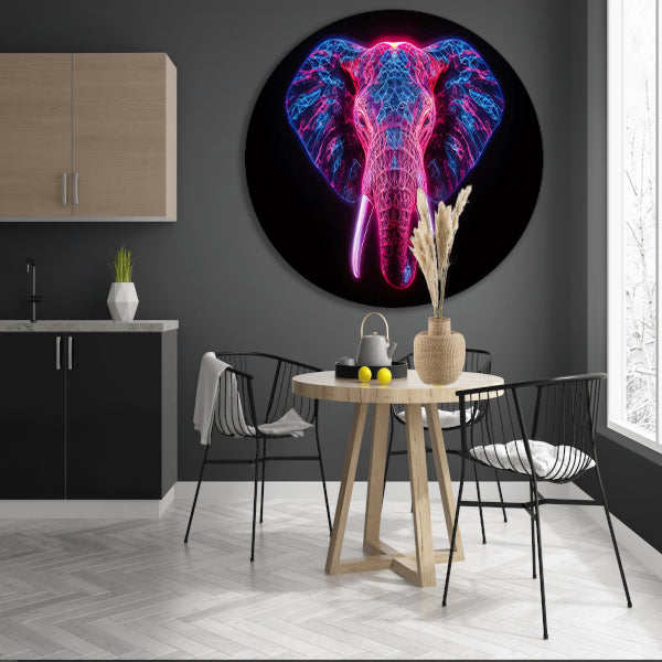 Neon olifant in futuristische abstracte kunst aluminium muurcirkel