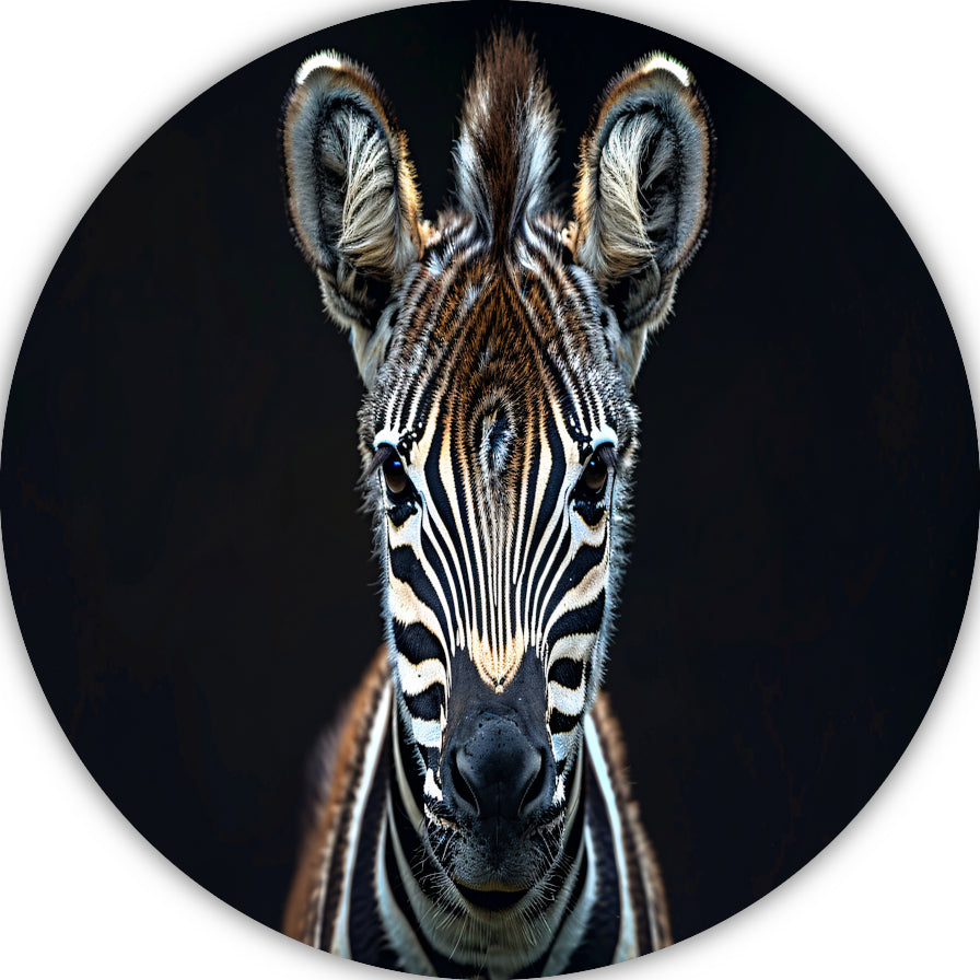 Intieme close-up van een zebra aluminium muurcirkel
