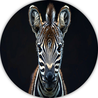 Intieme close-up van een zebra aluminium muurcirkel