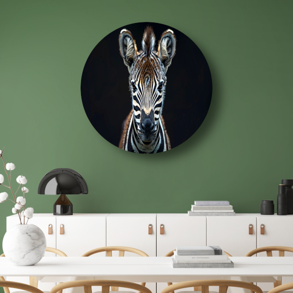 Intieme close-up van een zebra aluminium muurcirkel