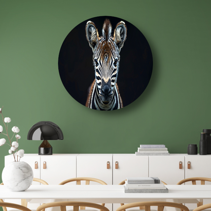 Intieme close-up van een zebra aluminium muurcirkel
