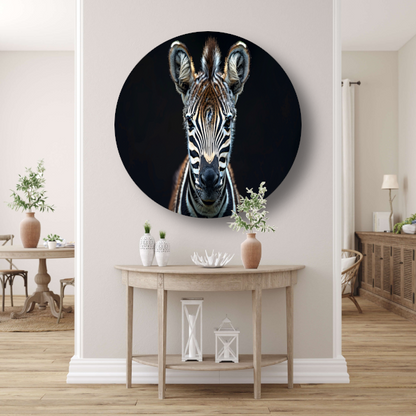 Intieme close-up van een zebra aluminium muurcirkel