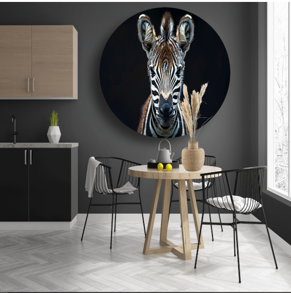 Intieme close-up van een zebra aluminium muurcirkel