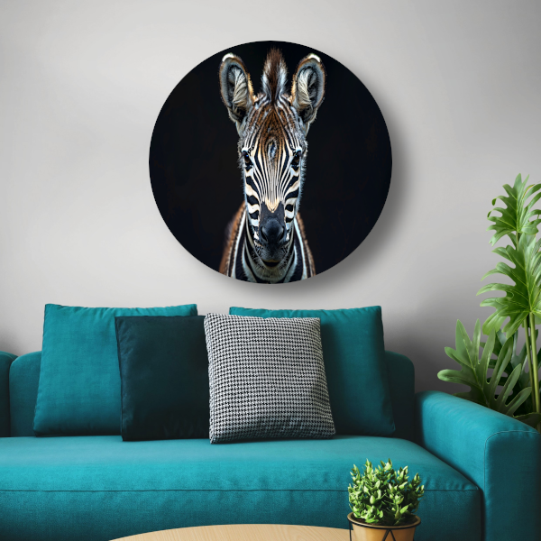 Intieme close-up van een zebra aluminium muurcirkel