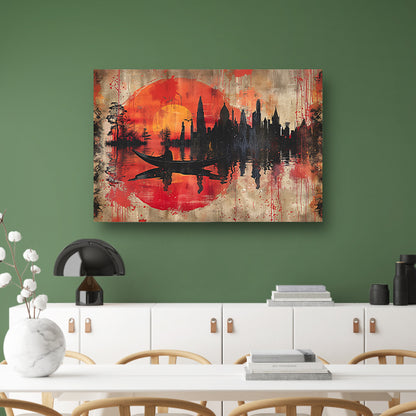 Roeiboot onder Rode Zonsondergang bij Stad acrylglas