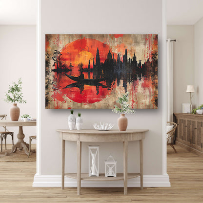 Roeiboot onder Rode Zonsondergang bij Stad acrylglas