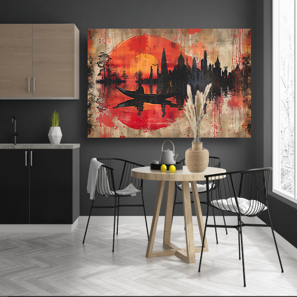 Roeiboot onder Rode Zonsondergang bij Stad acrylglas