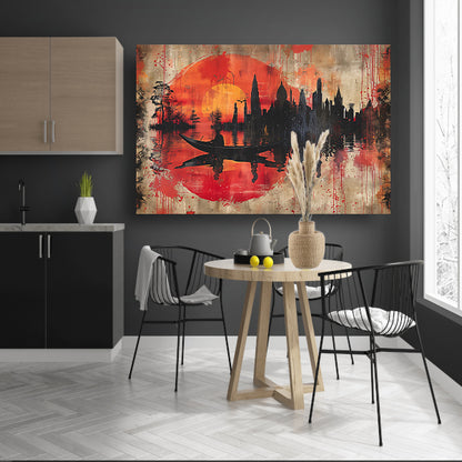 Roeiboot onder Rode Zonsondergang bij Stad acrylglas