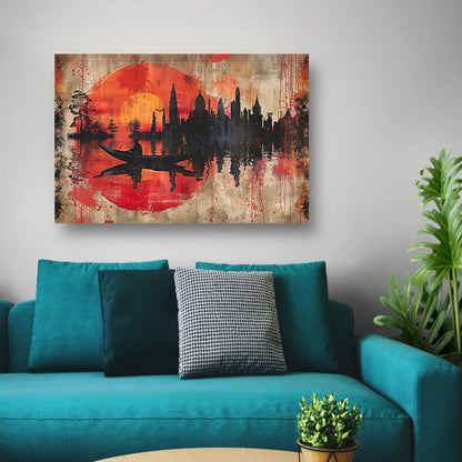 Roeiboot onder Rode Zonsondergang bij Stad acrylglas
