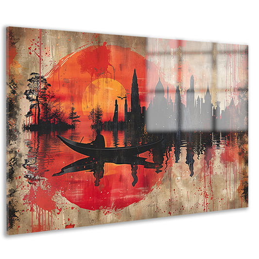 Roeiboot onder Rode Zonsondergang bij Stad acrylglas