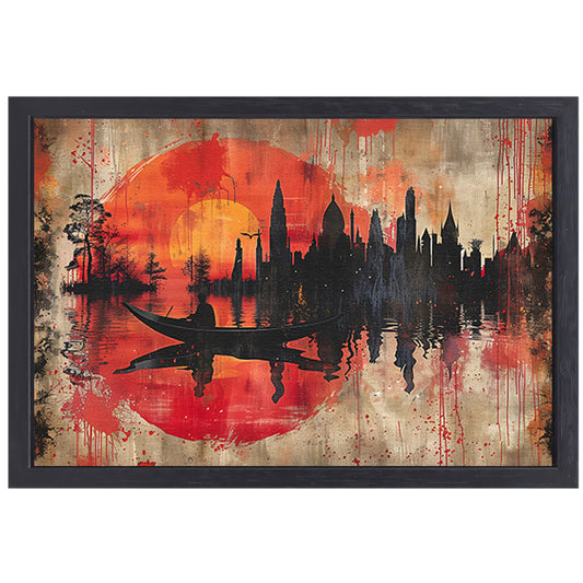Roeiboot onder Rode Zonsondergang bij Stad canvas met baklijst