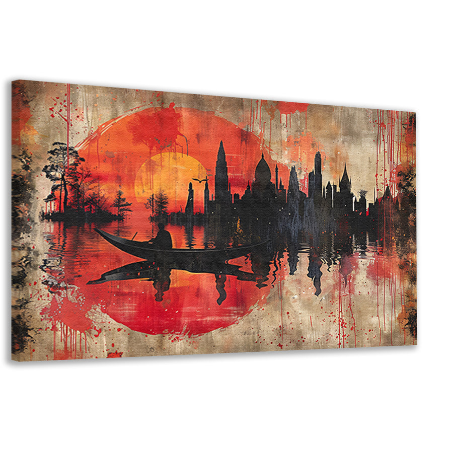 Roeiboot onder Rode Zonsondergang bij Stad canvas