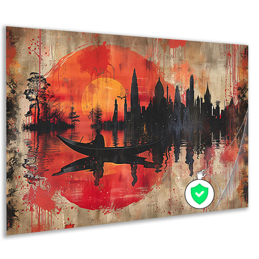 Roeiboot onder Rode Zonsondergang bij Stad poster