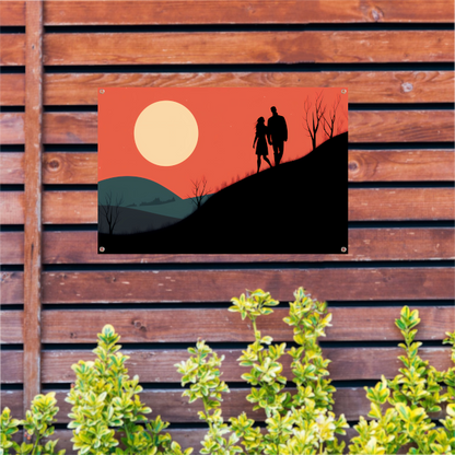 Silhouetten tegen de avondzon tuinposter