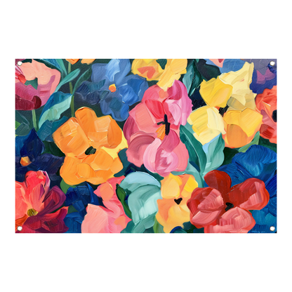 Abstracte explosie van kleurrijke bloemen en bladeren tuinposter