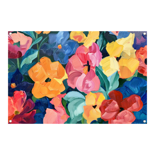Abstracte explosie van kleurrijke bloemen en bladeren tuinposter