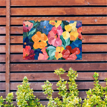 Abstracte explosie van kleurrijke bloemen en bladeren tuinposter