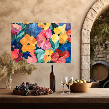 Abstracte explosie van kleurrijke bloemen en bladeren tuinposter