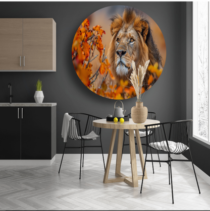 Leeuw in Herfstbladeren - Natuurs Koningschap aluminium muurcirkel