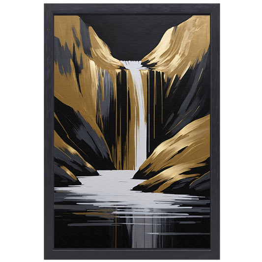 Gouden Accenten Abstracte Waterval Monochroom canvas met baklijst