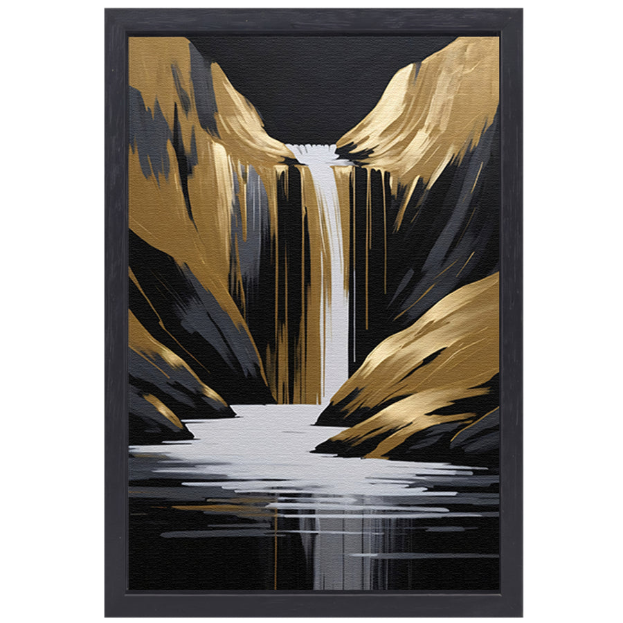 Gouden Accenten Abstracte Waterval Monochroom canvas met baklijst