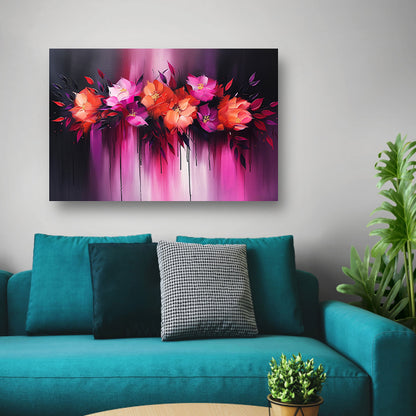 Abstracte kleurrijke bloemen op donkere achtergrond canvas met baklijst