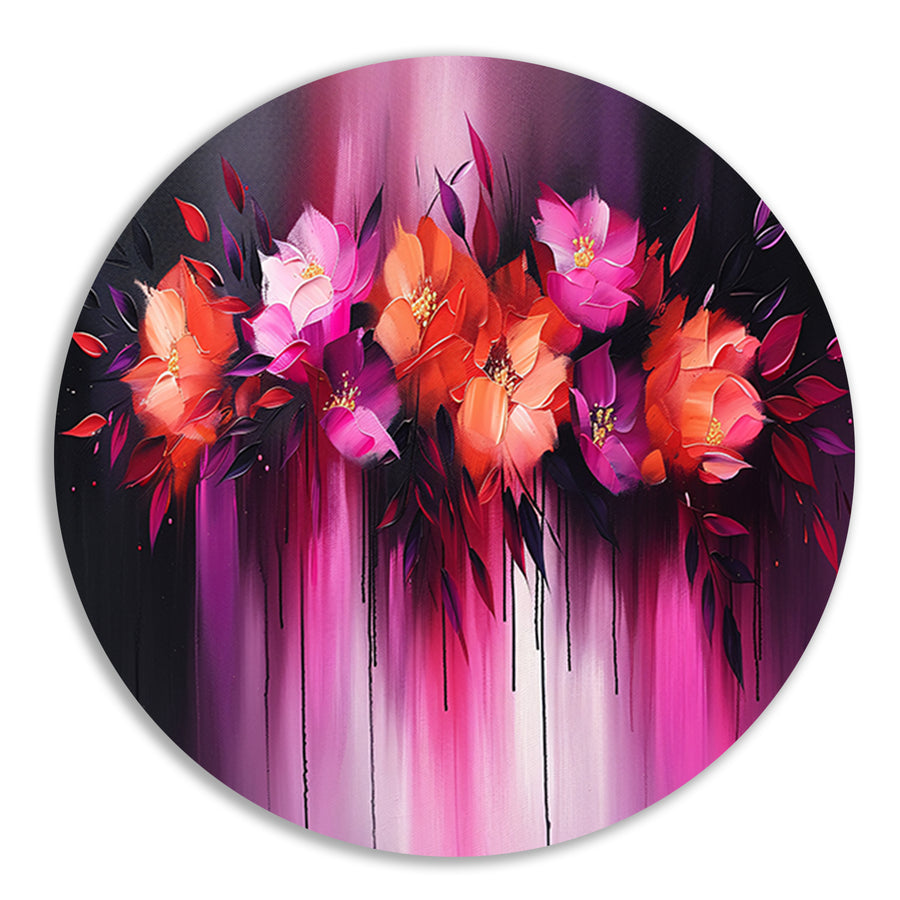 Abstracte kleurrijke bloemen op donkere achtergrond aluminium muurcirkel