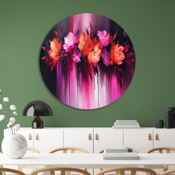 Abstracte kleurrijke bloemen op donkere achtergrond aluminium muurcirkel