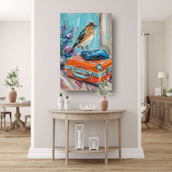 Kleurrijke vogel op vintage koffer acrylglas