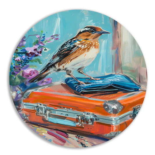 Kleurrijke vogel op vintage koffer aluminium muurcirkel