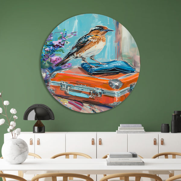 Kleurrijke vogel op vintage koffer aluminium muurcirkel