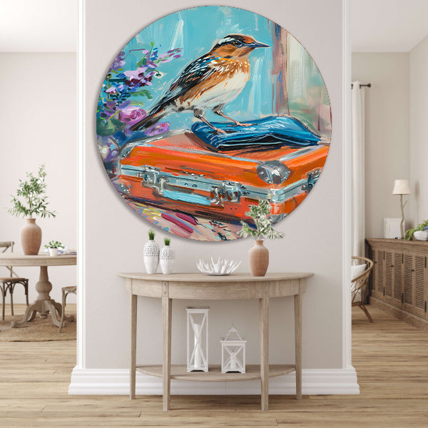 Kleurrijke vogel op vintage koffer aluminium muurcirkel