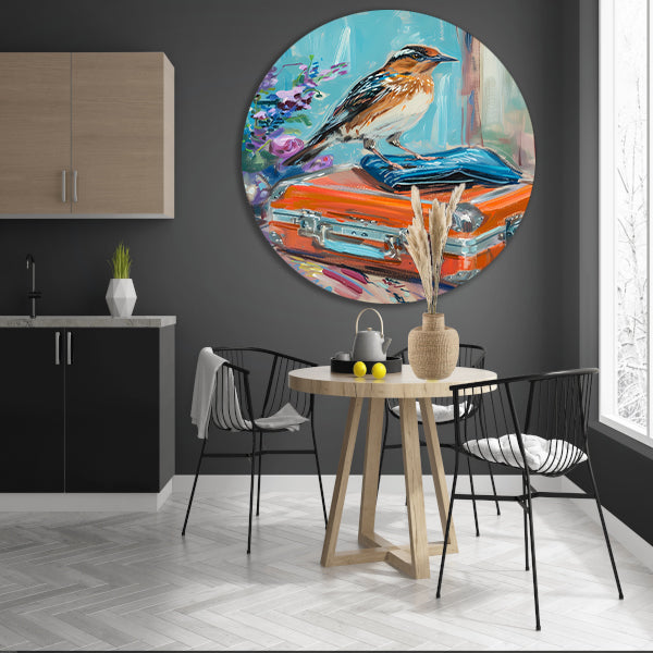 Kleurrijke vogel op vintage koffer aluminium muurcirkel
