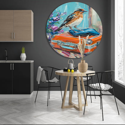 Kleurrijke vogel op vintage koffer aluminium muurcirkel