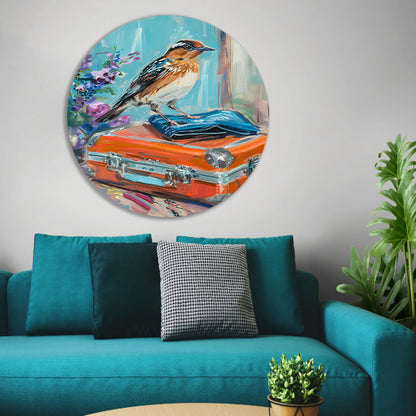Kleurrijke vogel op vintage koffer aluminium muurcirkel