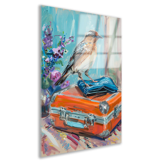 Kleurrijke vogel op vintage koffer acrylglas