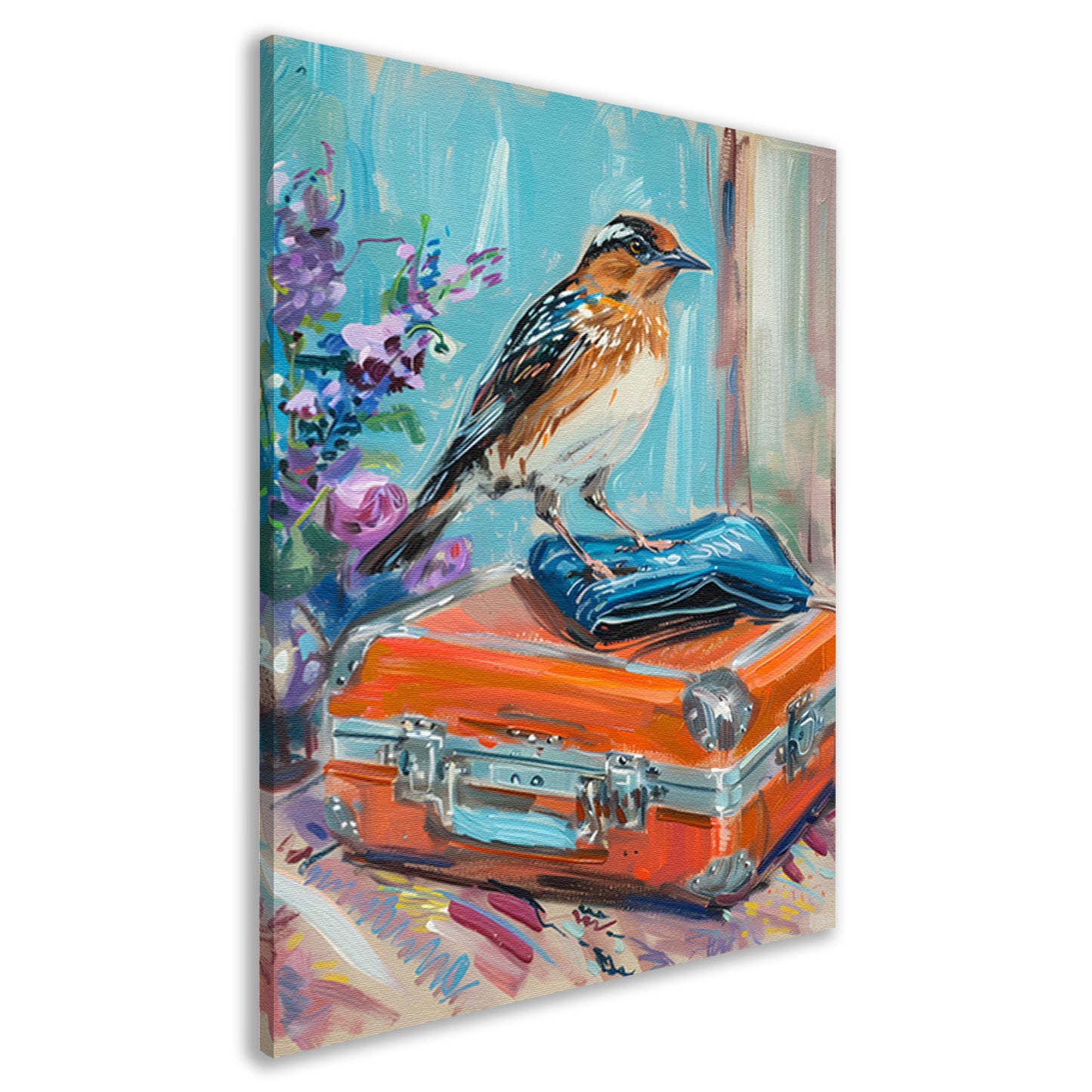 Kleurrijke vogel op vintage koffer canvas