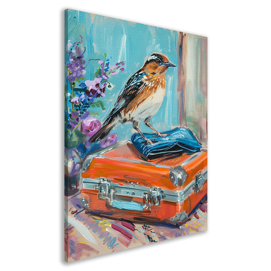 Kleurrijke vogel op vintage koffer canvas