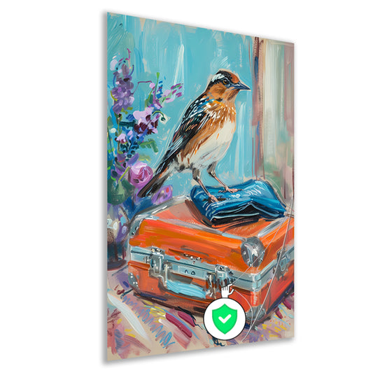 Kleurrijke vogel op vintage koffer poster