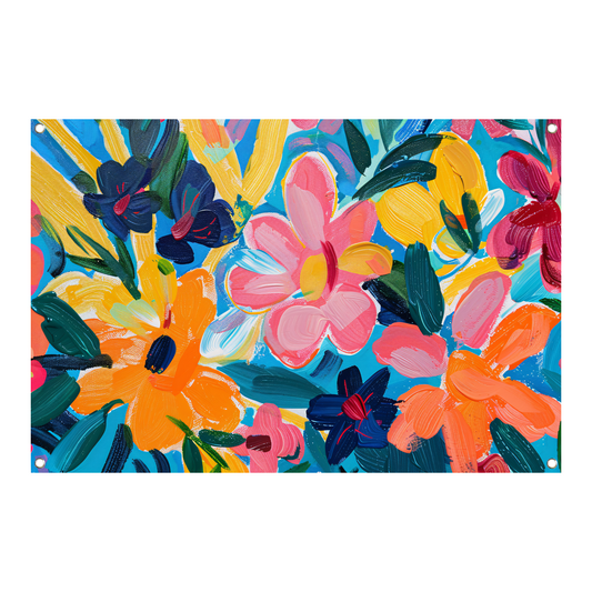 Kleurrijke abstracte impressie van bloemen en bladeren tuinposter