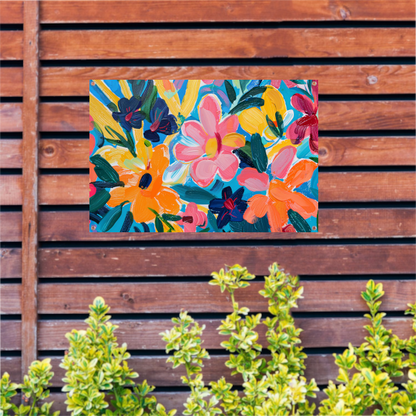 Kleurrijke abstracte impressie van bloemen en bladeren tuinposter